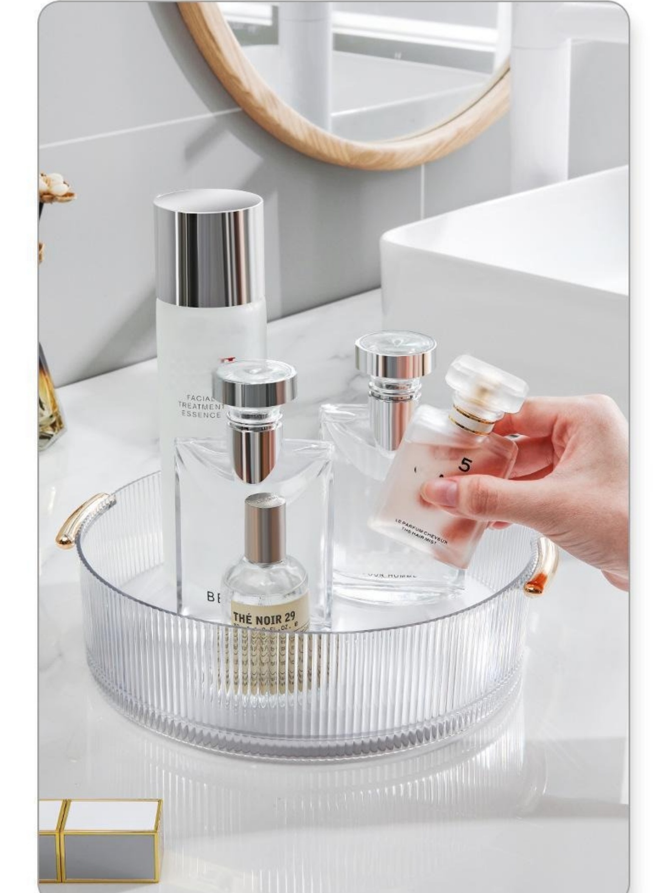 수직 골이 있는 투명 메이크업 보관 트레이, 대형 원형 - Luxury Skincare Gifts 리뷰 및 가격